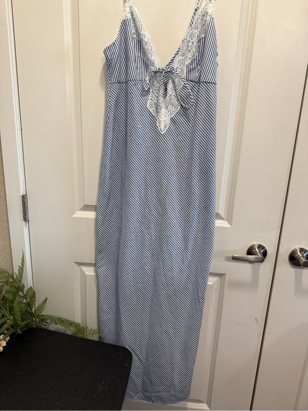 & Other Stories Blue and White Stripe Lace-Trim Slip Dress